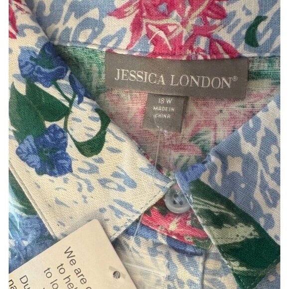 Jssica London +18W Blue-Pink Floral Button Linen Blend Collar 3/4 Sleeve Shirt - Picture 6 of 6